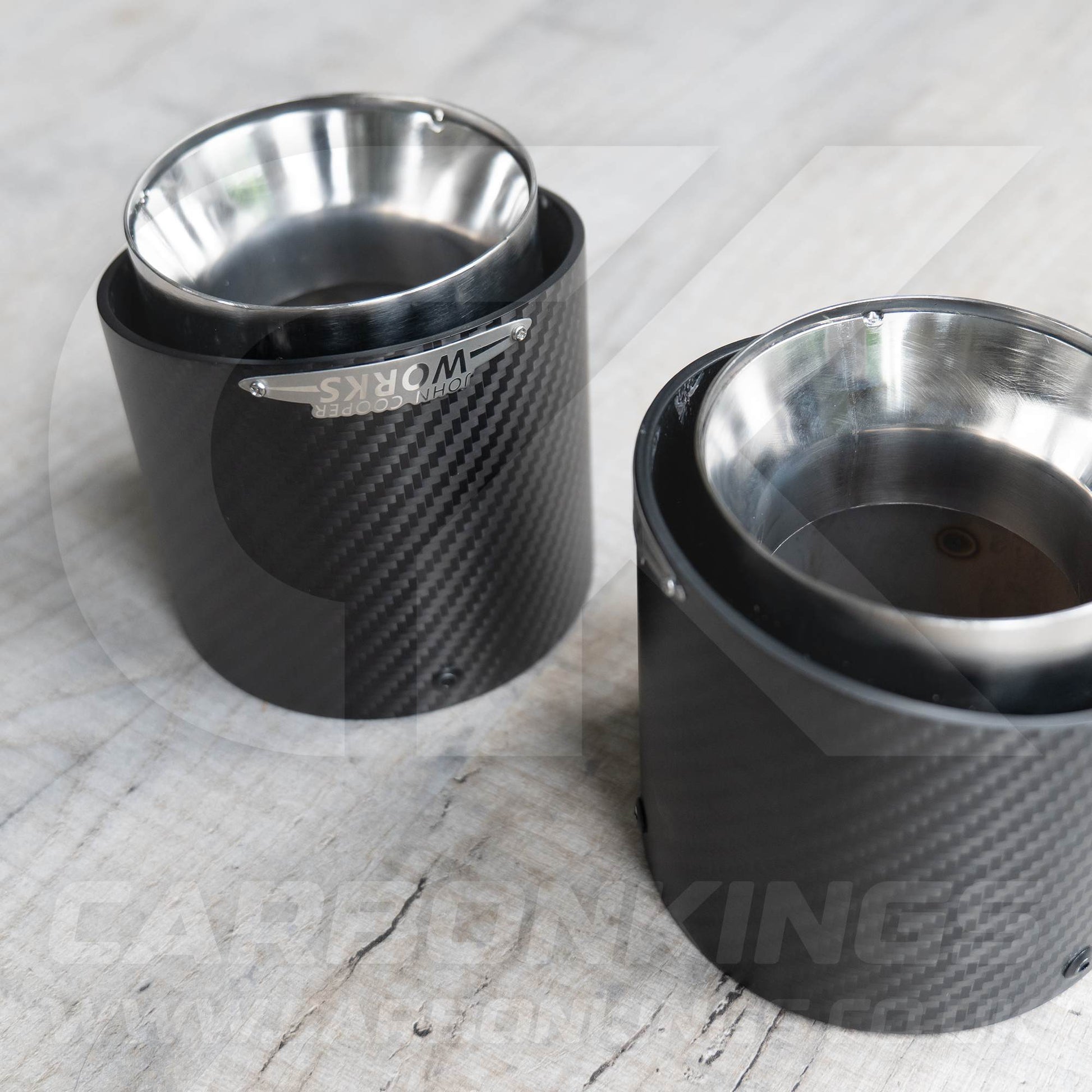 2x 85mm Mini JCW Satin Carbon Fibre / Silver Exhaust Tips F54 F55 F56 F57 F60 R55 R56