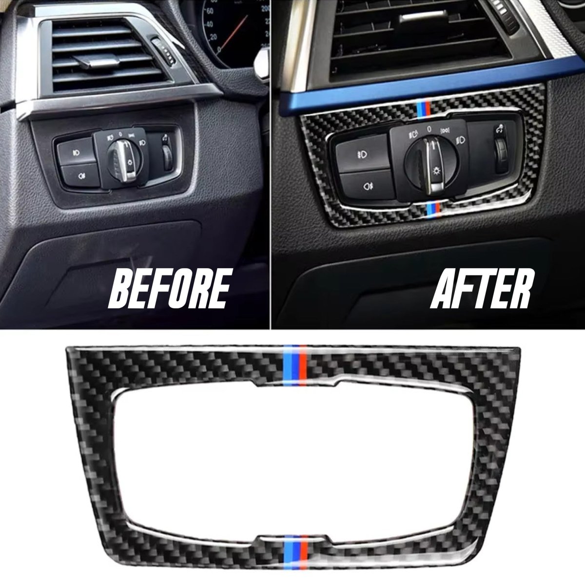 Carbon Fibre M Stripe Headlight Switch Trim for BMW F30 F34 F80 M3 F82 M4 M5 F87 M2 - Interior Styling | Carbon Kings