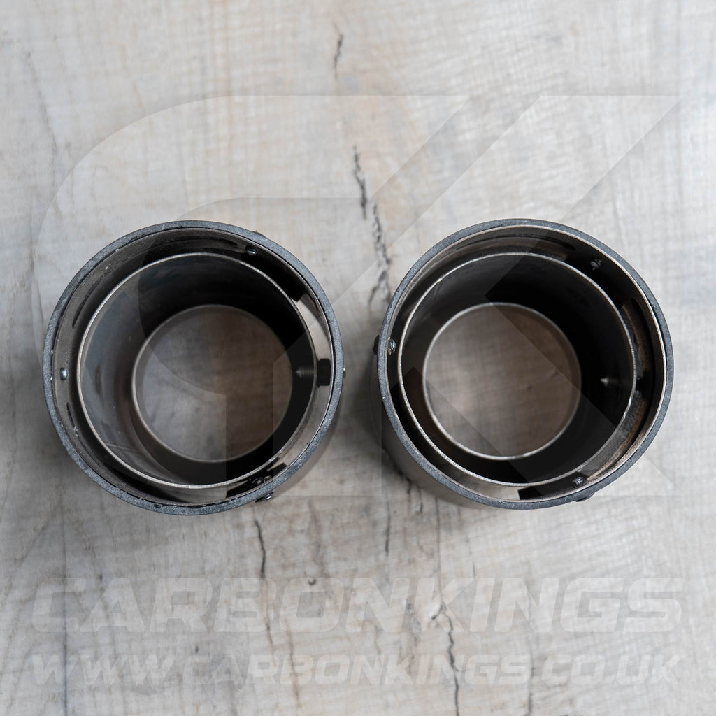 2x 85mm Mini JCW Satin Carbon Fibre / Silver Exhaust Tips F54 F55 F56 F57 F60 R55 R56
