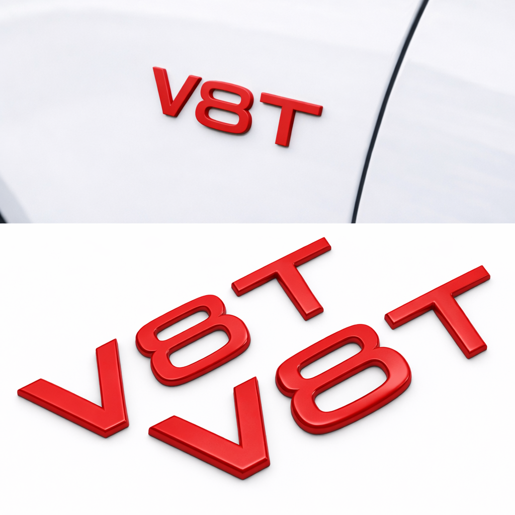 2x Gloss Red V8T Side Wing Badge Emblems for Audi SQ7 S6 S5 RS4 RS5 RS6 RS7 S8