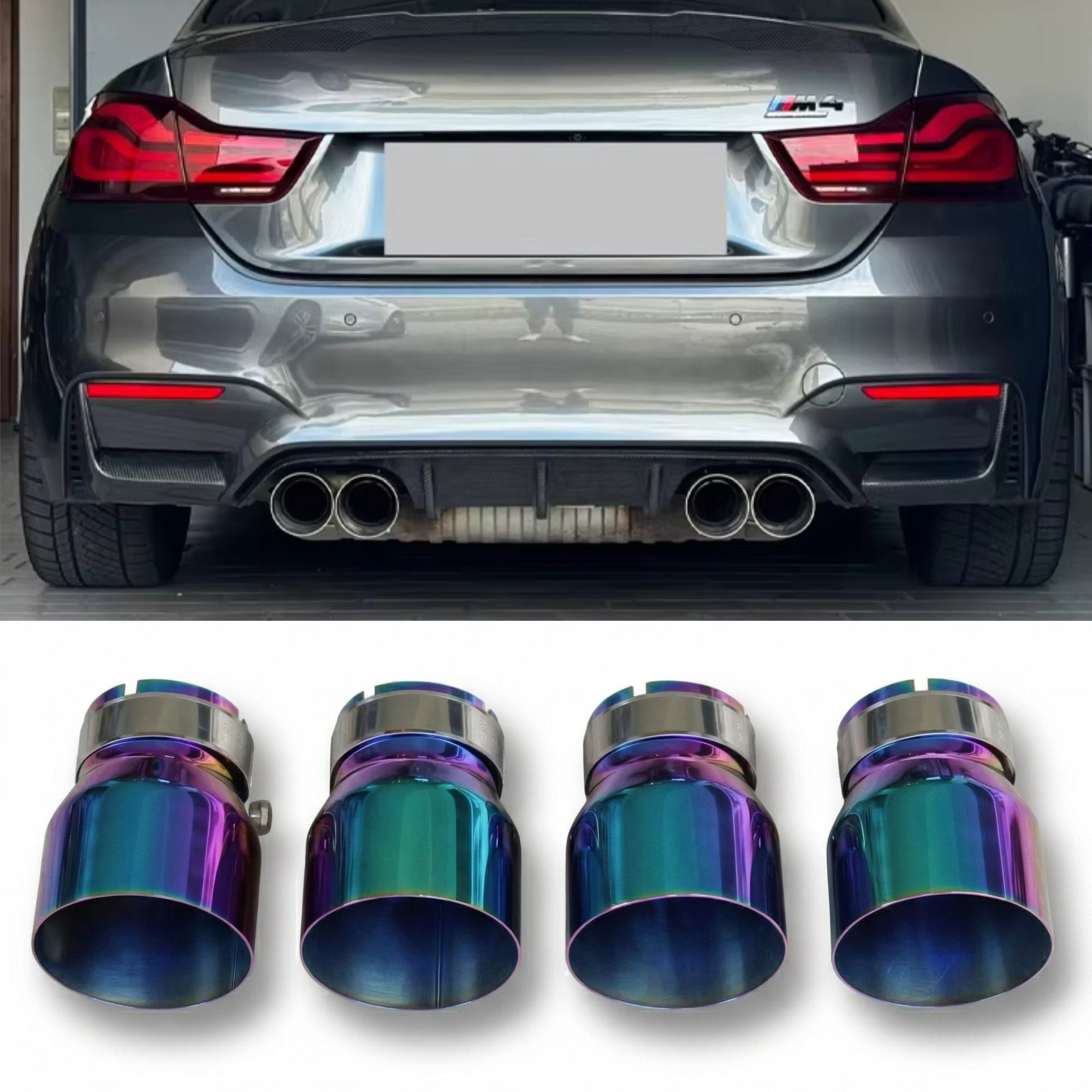 4x Multicoloured Oversized Stainless Steel Exhaust Tips for BMW M2 M3 M4 M5 F87 F80 F82 F10 M6 F06/F12/F13 70MM