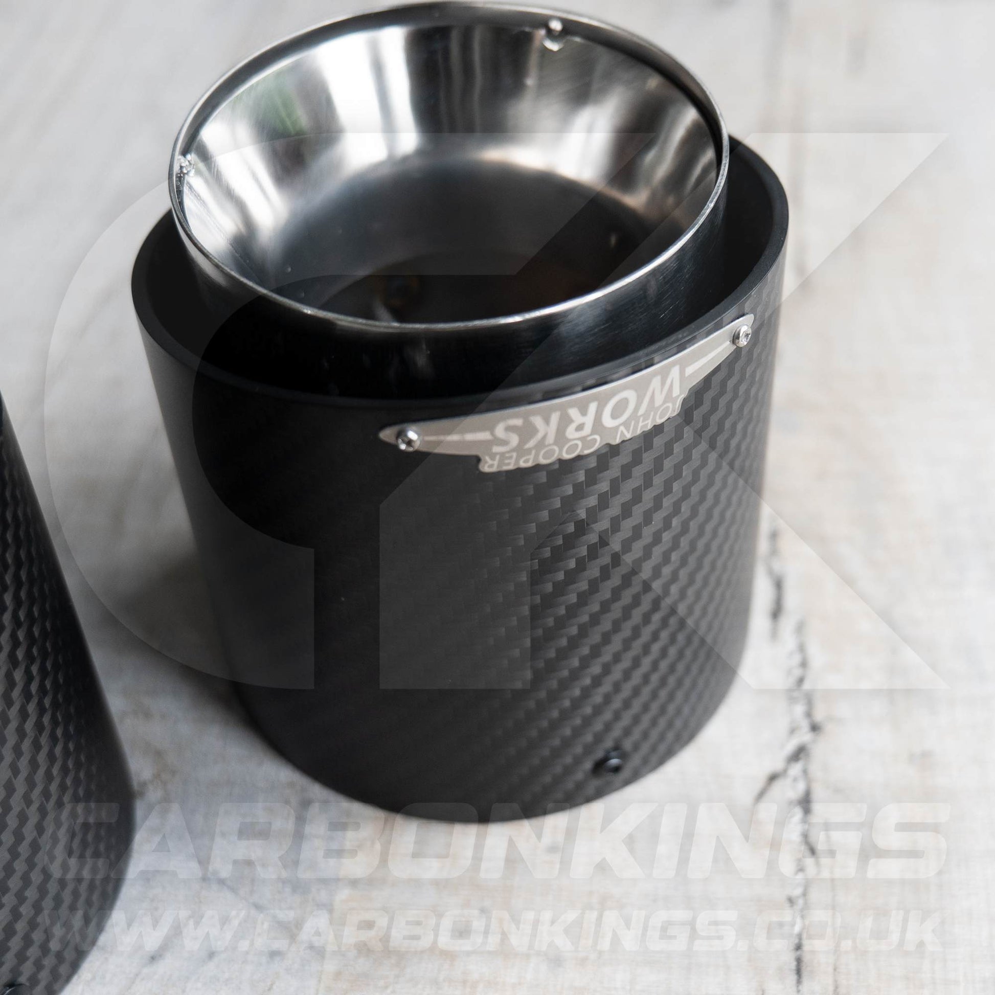 2x 85mm Mini JCW Satin Carbon Fibre / Silver Exhaust Tips F54 F55 F56 F57 F60 R55 R56