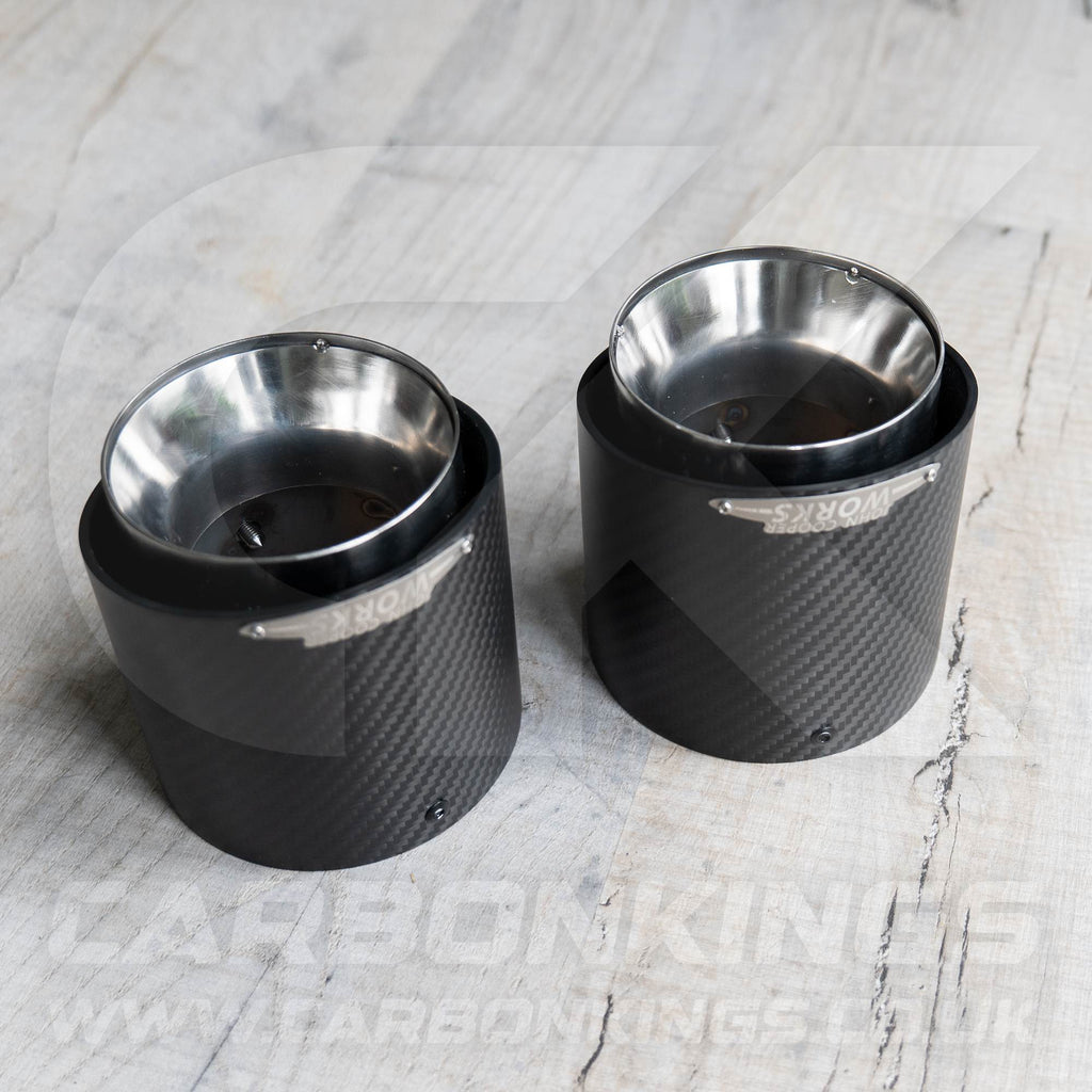2x 85mm Mini JCW Satin Carbon Fibre / Silver Exhaust Tips F54 F55 F56 F57 F60 R55 R56