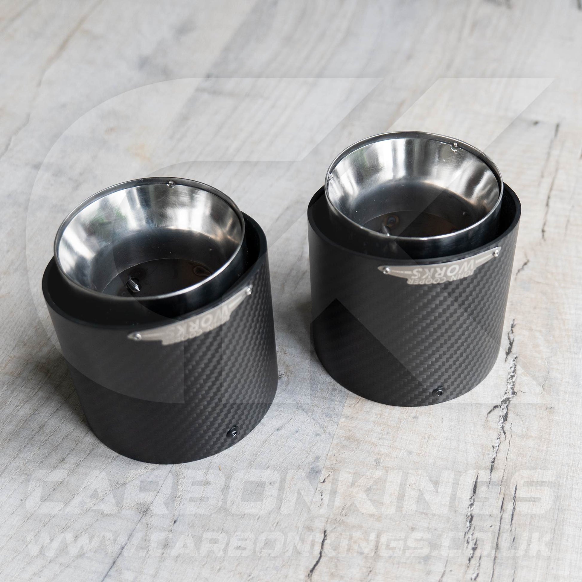 2x 85mm Mini JCW Satin Carbon Fibre / Silver Exhaust Tips F54 F55 F56 F57 F60 R55 R56