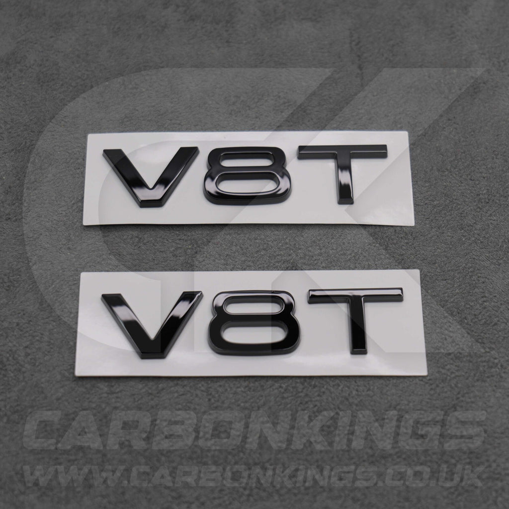 2x Gloss Black V8T Side Wing Badge Emblems Audi SQ7 S6 S5 RS4 RS5 RS6 RS7 S8
