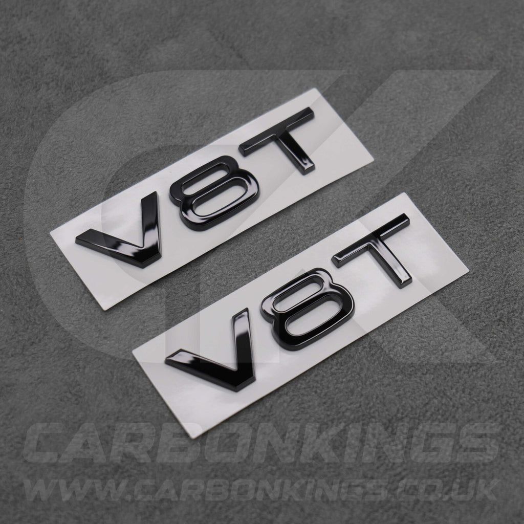 2x Gloss Black V8T Side Wing Badge Emblems Audi SQ7 S6 S5 RS4 RS5 RS6 RS7 S8