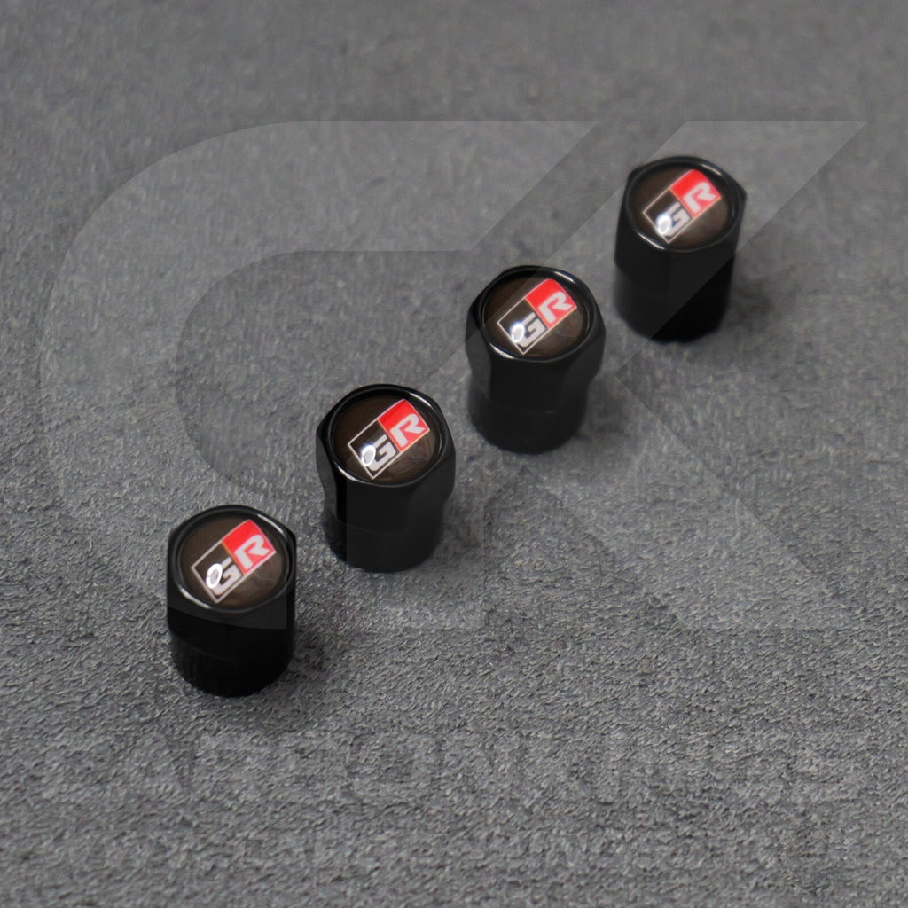 Toyota GR Gazoo Racing Black Anodised Wheel Valve Dust Caps Set Yaris GR86 Supra