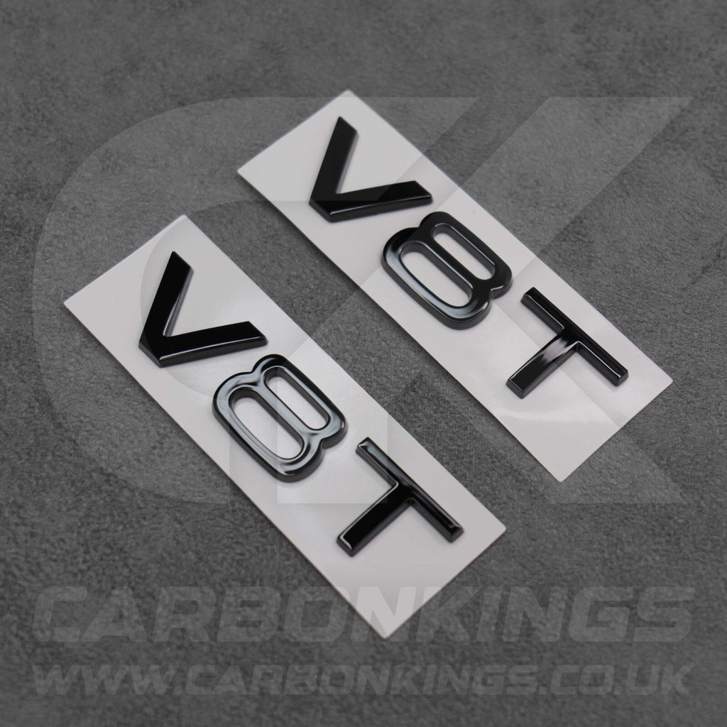2x Gloss Black V8T Side Wing Badge Emblems Audi SQ7 S6 S5 RS4 RS5 RS6 RS7 S8