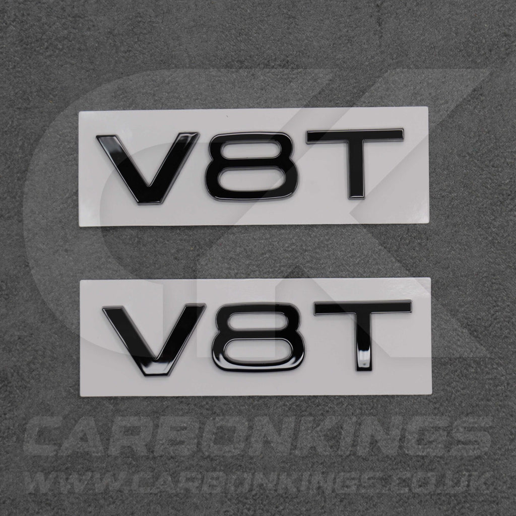 2x Gloss Black V8T Side Wing Badge Emblems Audi SQ7 S6 S5 RS4 RS5 RS6 RS7 S8