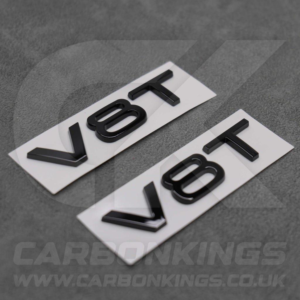 2x Gloss Black V8T Side Wing Badge Emblems Audi SQ7 S6 S5 RS4 RS5 RS6 RS7 S8