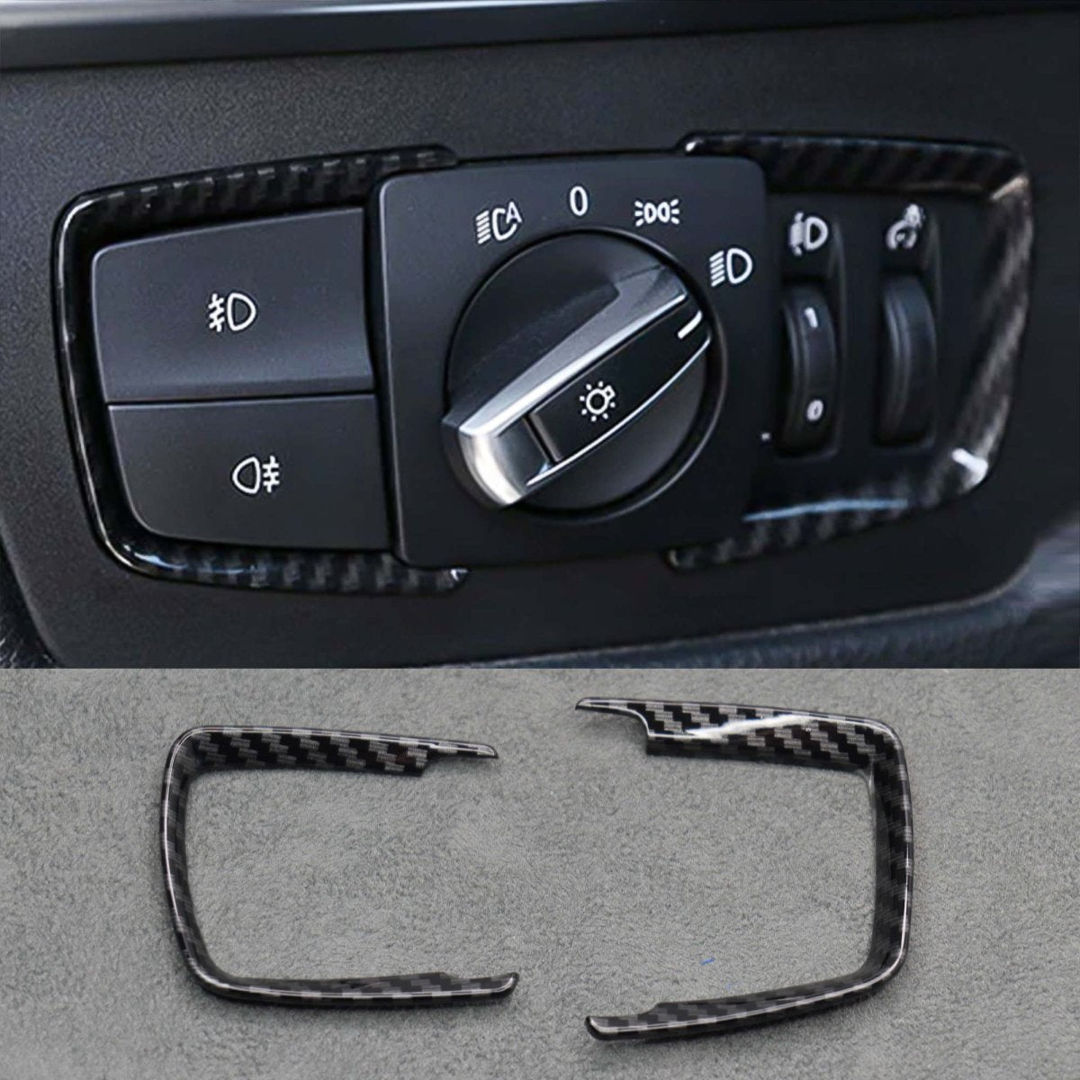 Carbon Fibre Style Headlight Switch Trims for BMW M3 M4 F87 M2 i3 1 2 3 3 4 5 Series - Interior Styling | Carbon Kings