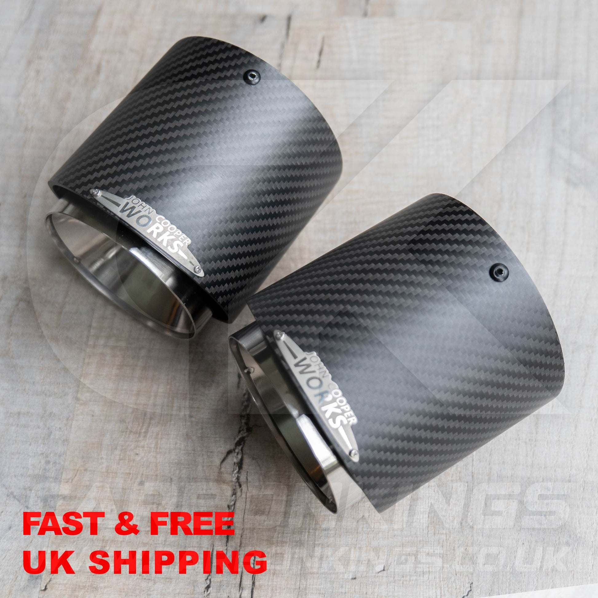2x 85mm Mini JCW Satin Carbon Fibre / Silver Exhaust Tips F54 F55 F56 F57 F60 R55 R56