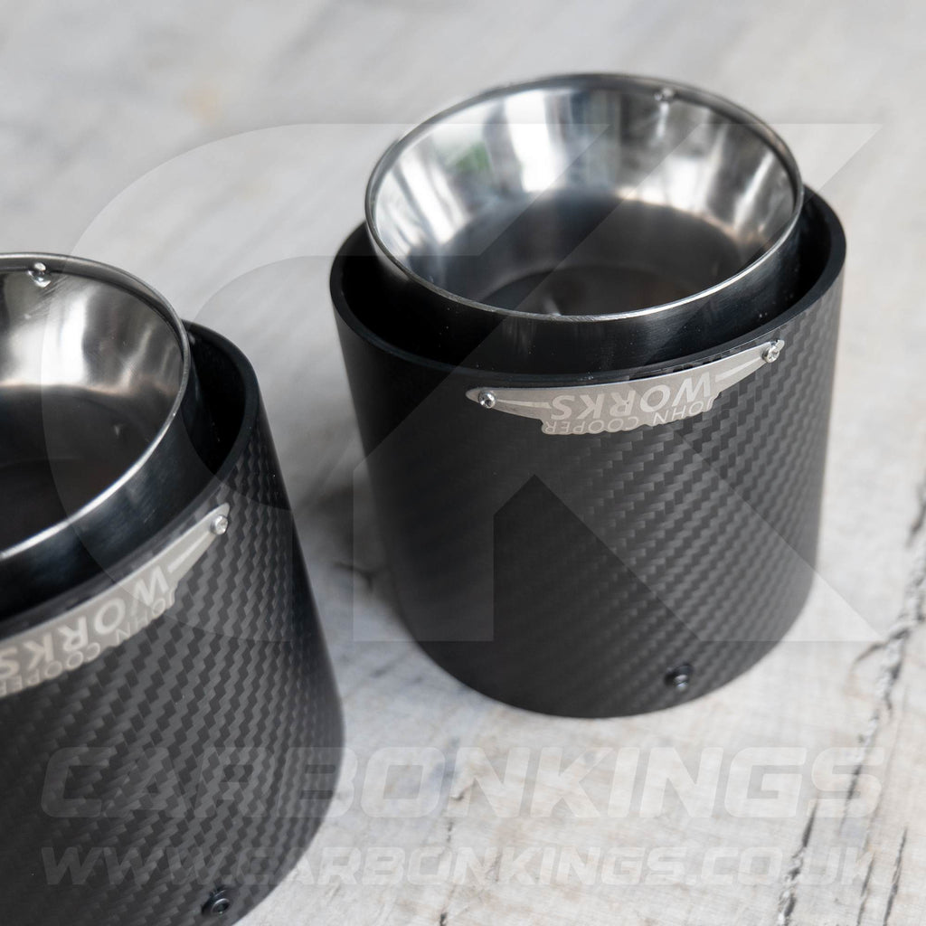 2x 85mm Mini JCW Satin Carbon Fibre / Silver Exhaust Tips F54 F55 F56 F57 F60 R55 R56