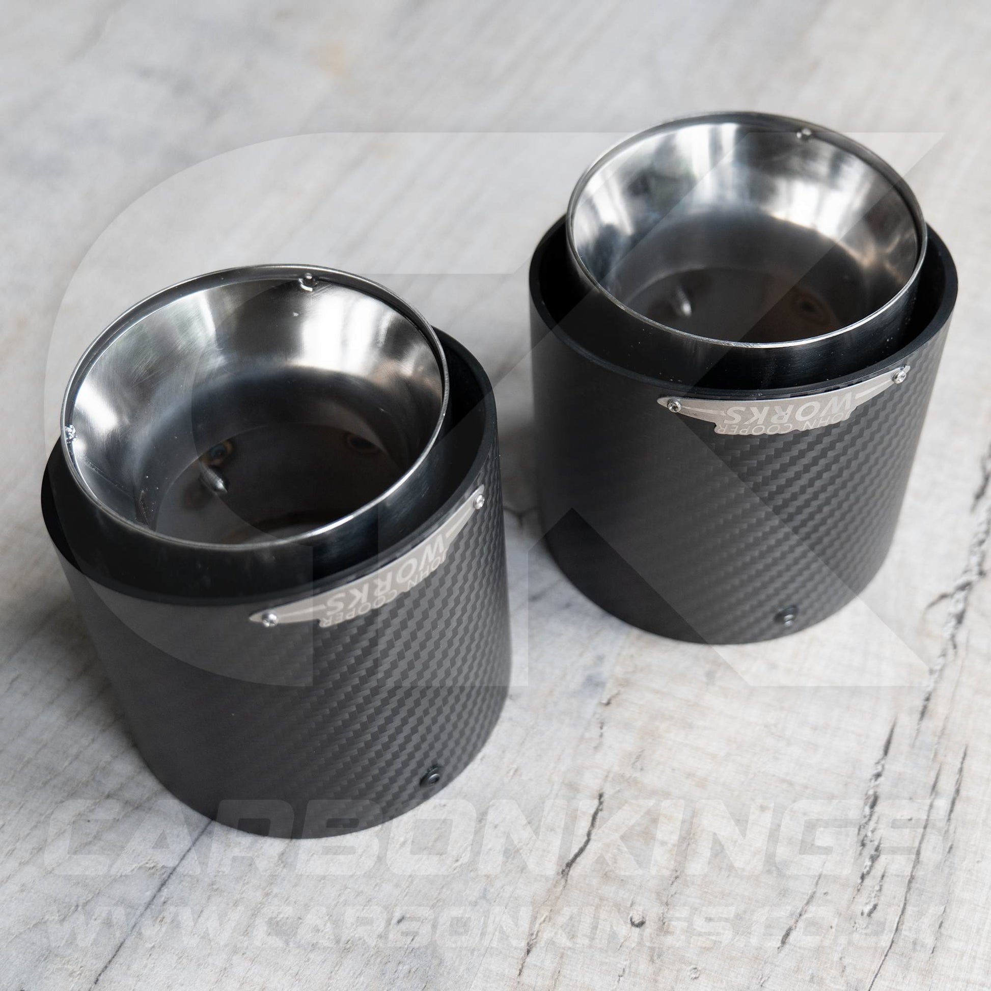 2x 85mm Mini JCW Satin Carbon Fibre / Silver Exhaust Tips F54 F55 F56 F57 F60 R55 R56