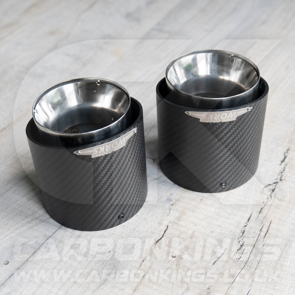 2x 85mm Mini JCW Satin Carbon Fibre / Silver Exhaust Tips F54 F55 F56 F57 F60 R55 R56