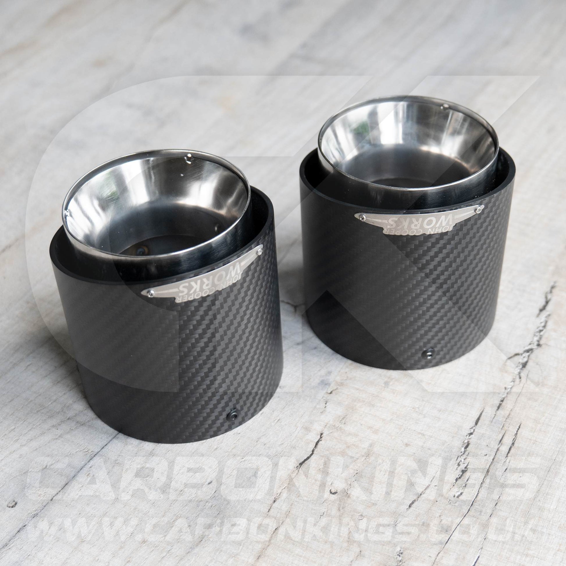 2x 85mm Mini JCW Satin Carbon Fibre / Silver Exhaust Tips F54 F55 F56 F57 F60 R55 R56