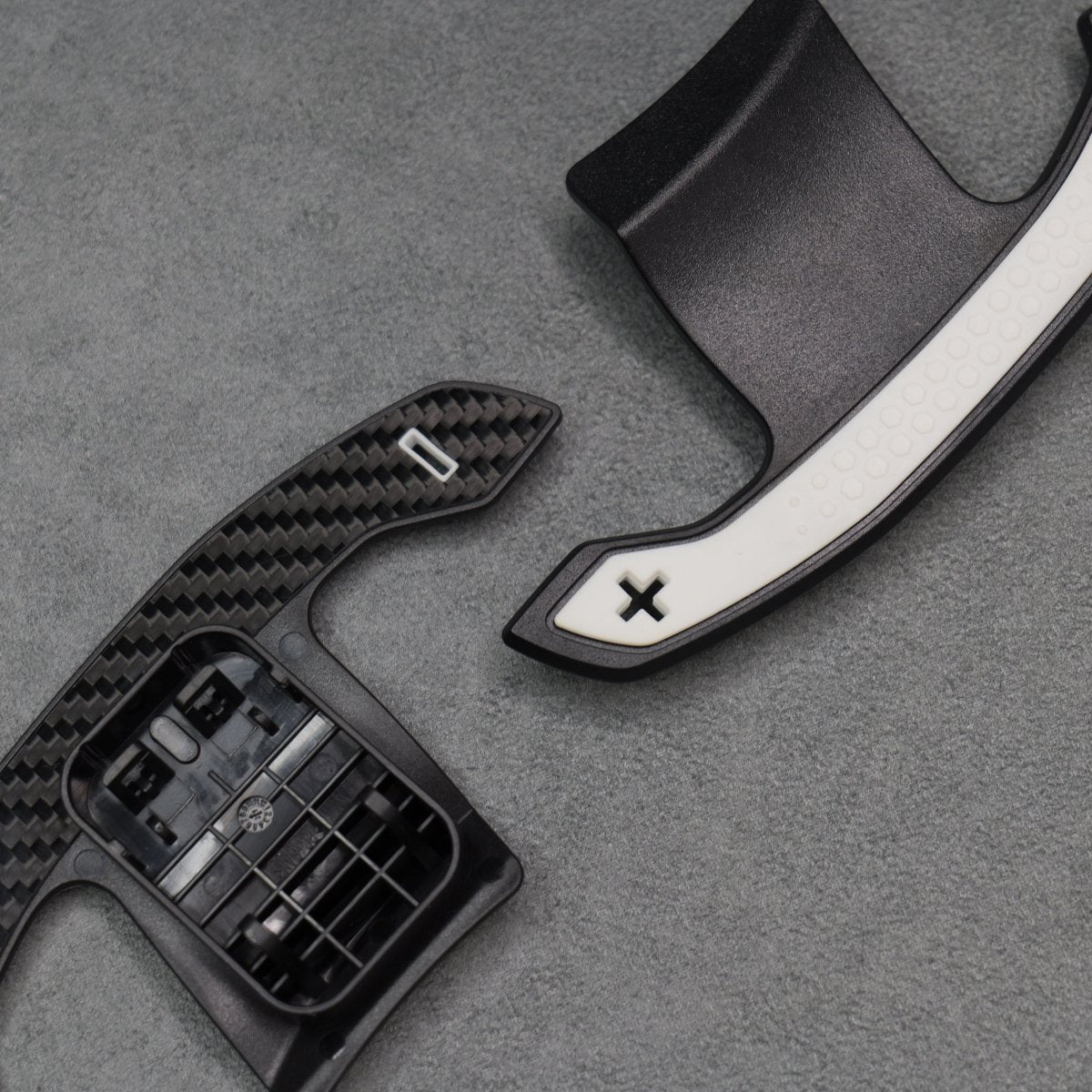 Carbon Fibre / White Gear Shifter Paddles for BMW F80 M3 F82 F83 M4 F87 M2 F30 G80 - Interior Styling | Carbon Kings