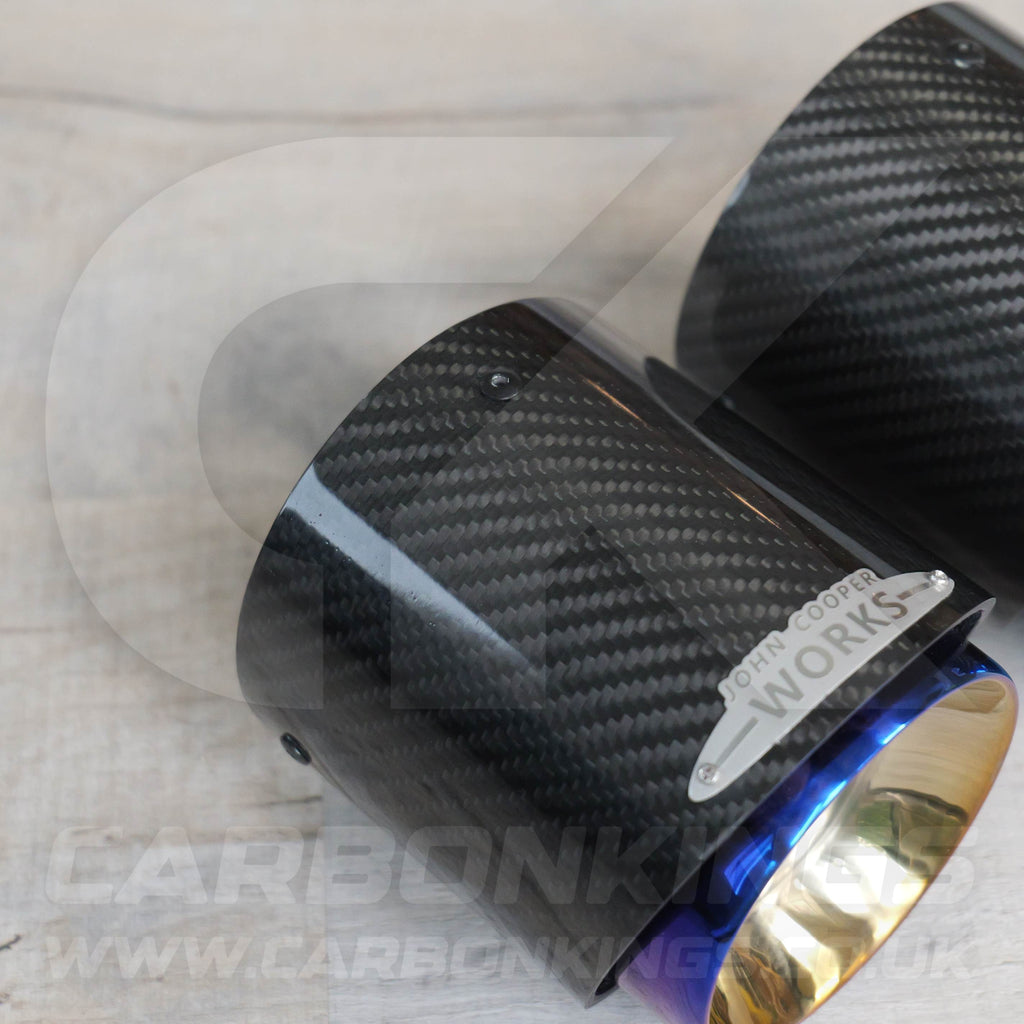2x 85mm Mini JCW Carbon Fibre / Burnt Blue Exhaust Tips F54 F55 F56 F57 F60 R55 R56